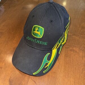John Deere Hat Cap Black Green Yellow Flame Youth Size Strap Back Gunuine‎